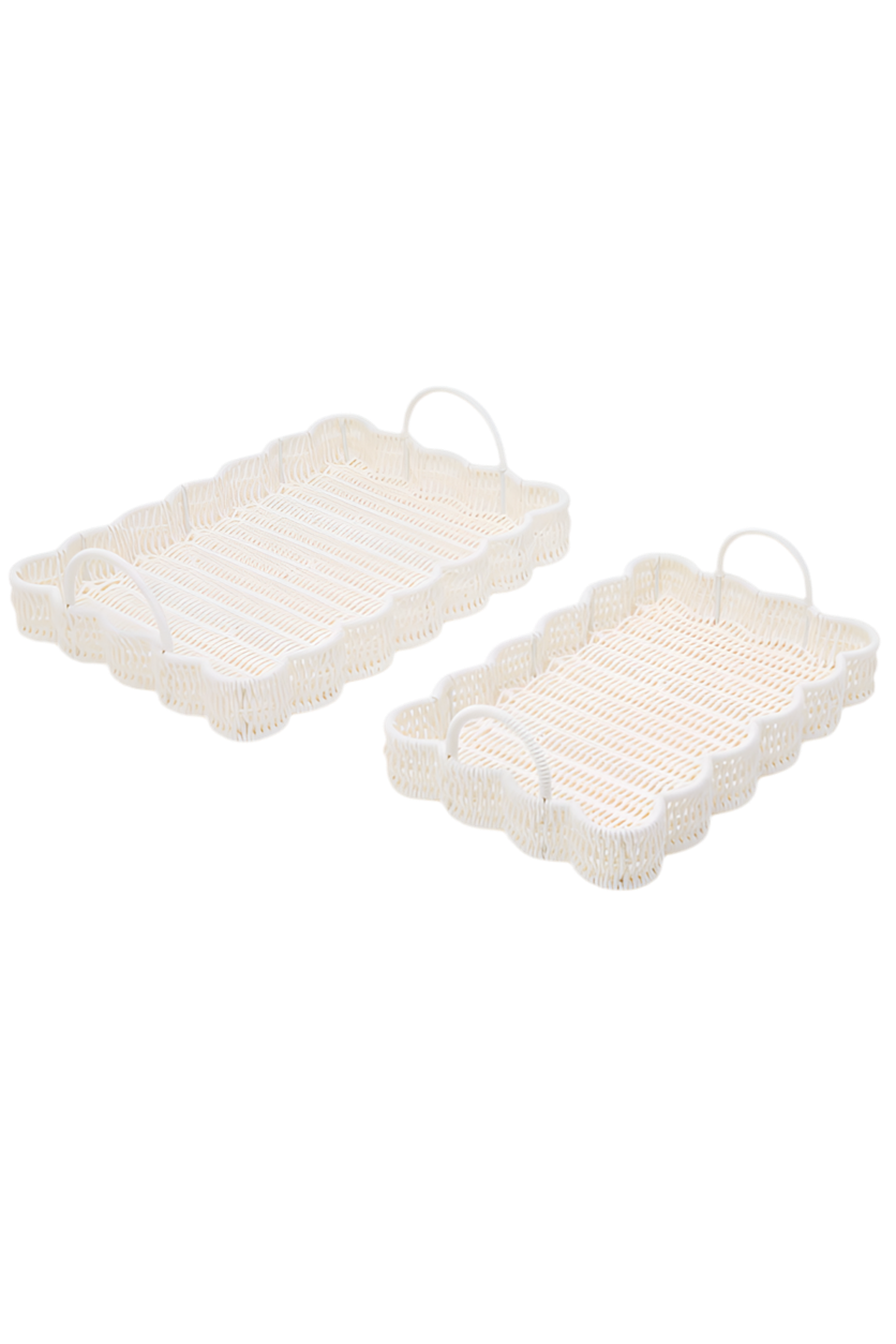 White Scallop Wicker Trays | Set of 2