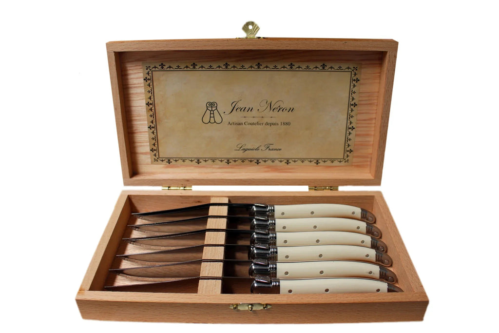 Laguiole Ivory Knives Cutlery Set in Wood Storage Box | Set of 6